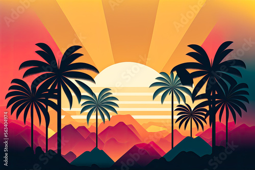 Tropical palm trees sunset design  background  graphic. Generative AI
