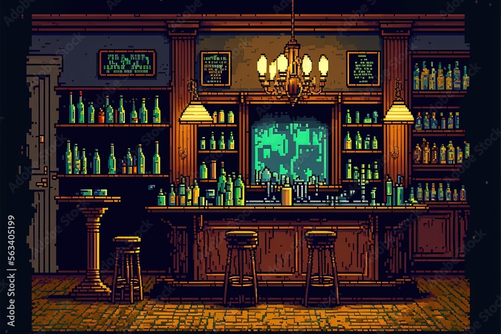 Interior of a bar with a counter, drinks and stools, made of wood, pixel art style. AI digital illustration