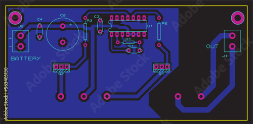 A printed circuit board of an electronic device with components of radio elements  conductors and  contact pads placed on it. Vector  engineering drawing of a pcb.