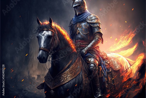Medieval knight illustration on horseback with flaming background. Generative AI © Deivison