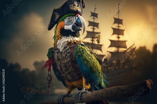 Landscape illustration with pirate parrot with sea, sky and pirate ship in the background. Generative AI