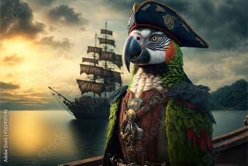 Landscape illustration with pirate parrot with sea, sky and pirate ship in the background. Generative AI