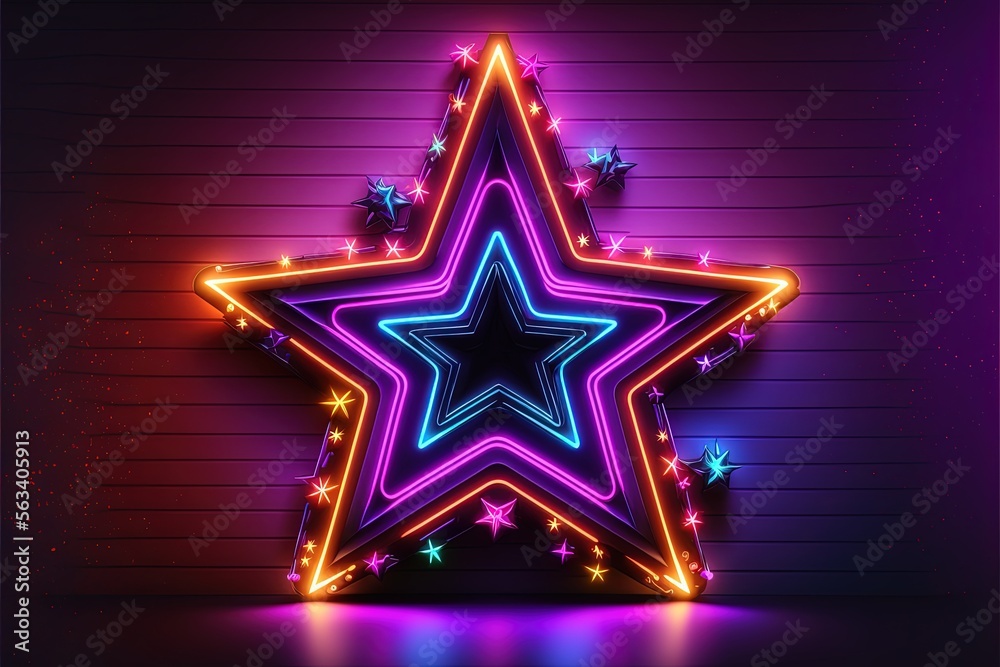 Star digital illustration made with realistic neon lights, black background. generative AI