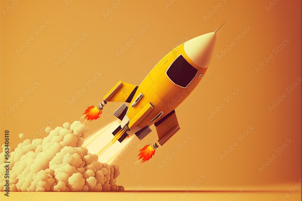 Digital illustration of yellow rocket taking off releasing smoke on yellow background. Generative AI Digital illustration of yellow rocket taking off releasing smoke on yellow background. Generative AI
