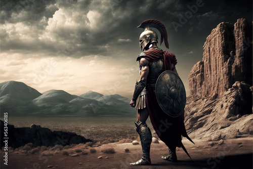 Spartan soldier illustration with helmet and battlefield in background Fototapet