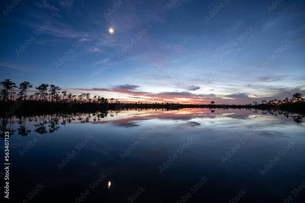 Moon and colorful twilight cloudscape over and reflected in Pine Glades Lake in Everglades National Park, Florida.. Moon and colorful twilight cloudscape over and reflected in Pine Glades Lake in Everglades National Park, Florida..