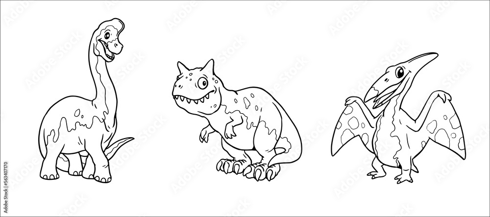 Cute dinosaurs brachiosaurus, carnotaurus and pteranodon for coloring. Vector template for a coloring book with funny dinosaur. Coloring template for kids.