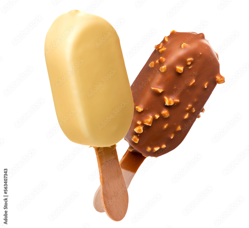 PNG. Ice cream in a glaze of white chocolate and in a glaze of milk chocolate and nuts on wooden sticks. Isolate on a white background