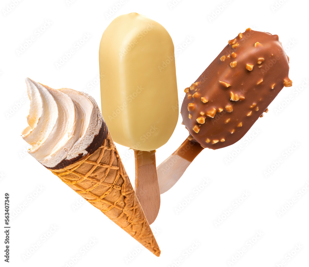 PNG. Ice cream in glaze on wooden sticks and ice cream in a waffle cup. Isolate on a white background