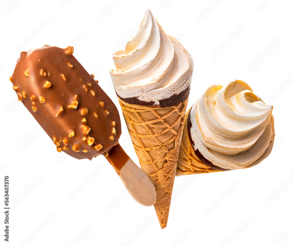 PNG. Ice cream in glaze on wooden sticks and ice cream in a waffle cup. Isolate on a white background