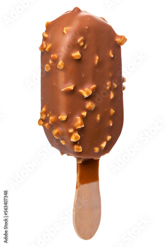 PNG. Ice cream in a glaze of milk chocolate and nuts on a wooden stick. Isolate on a white background