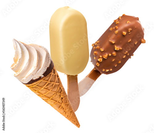 Obraz na płótnie PNG. Ice cream in glaze on wooden sticks and ice cream in a waffle cup. Isolate on a white background w salonie