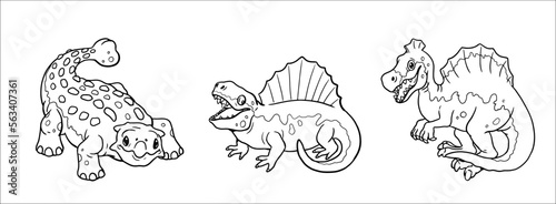 Cute dinosaurs ankylosaurus, spinosaurus and dimetrodon for coloring. Vector template for a coloring book with funny dinosaur. Coloring template for kids.
