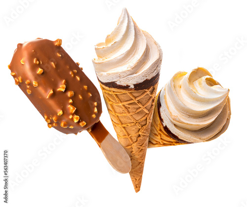 Obraz na płótnie PNG. Ice cream in glaze on wooden sticks and ice cream in a waffle cup. Isolate on a white background w salonie