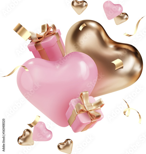 Happy valentines day composition PNG with  realistic hearts and Pink gifts box