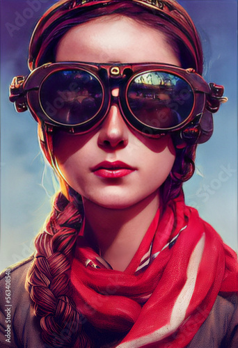 Historic Female Pilot Character in Goggles. [Fantasy / Historic / Horror Character Portrait. Generative AI.  Graphic Novel, Video Game, Anime, Comic Book, or Manga Illustration.] photo