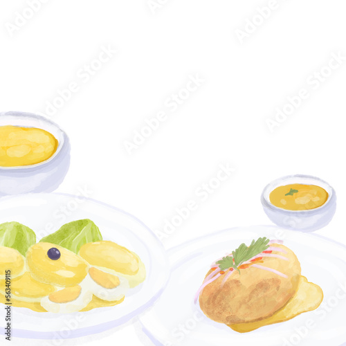 Ilustración de comida peruana típica con fondo blanco, papa rellena, salsa, ajíes, papa a la huancaina con aceituna y huevo. photo