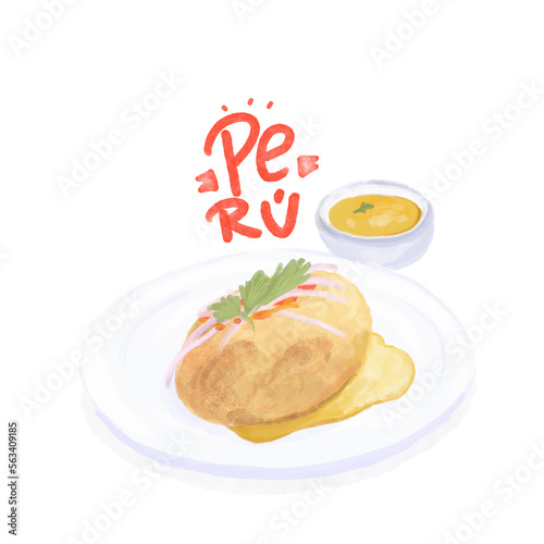 Ilustración de comida peruana, papa rellena con ají y cebolla.