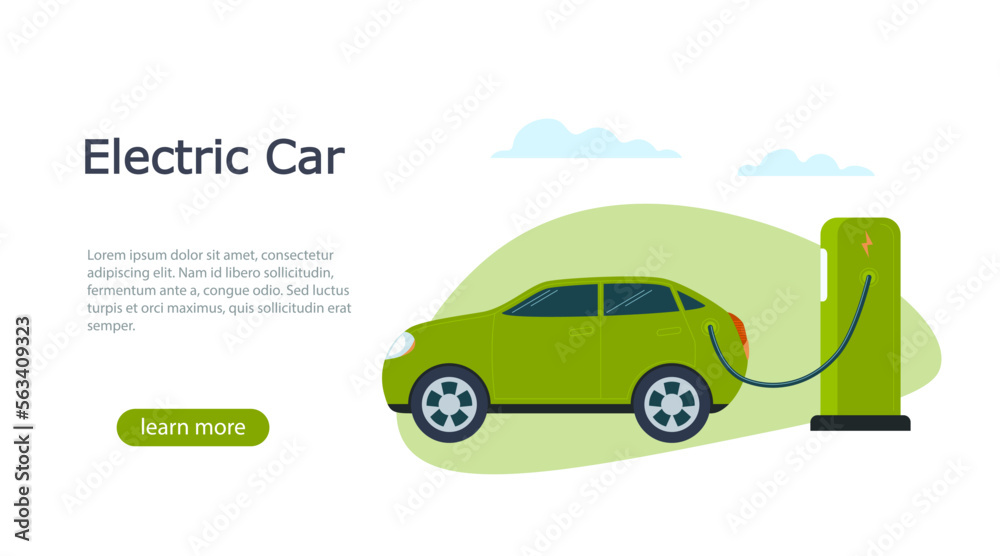 Electric car is not charging a battery at an electric station. Green energy for the car. Web page concept design. Vector
