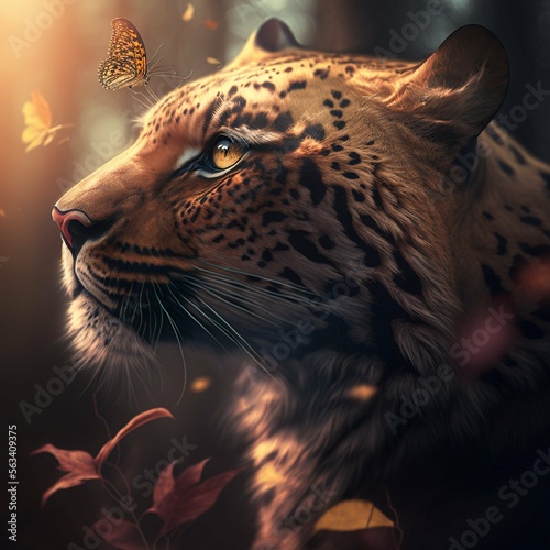 Beautiful imagery of  a leopard in the forest. Close up shot. Butterflies flying around and photogenetic. 