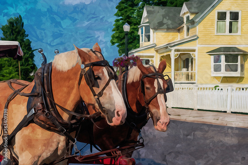 Digitally created watercolor painting of Pair of horses pulling a carriage on Mackinaw Island © Focused Adventures