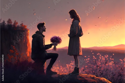 A man proposing a woman with flowers on a cliff garden. Proposal. Propose. Marriage. Engagement. Engaged. Couple. Happy. Valentine's Day. Romantic. Love. Landscape Painting. Outdoors.