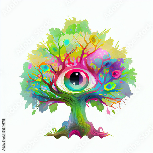 Colorful surreal eye on tree. AI generative.