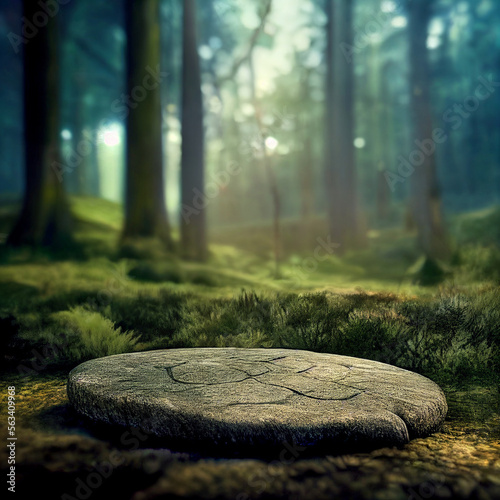 Flat stone podium in the magical forest illustration, empty round stand background, natural stage for cosmetic product display minimal design, Generative AI