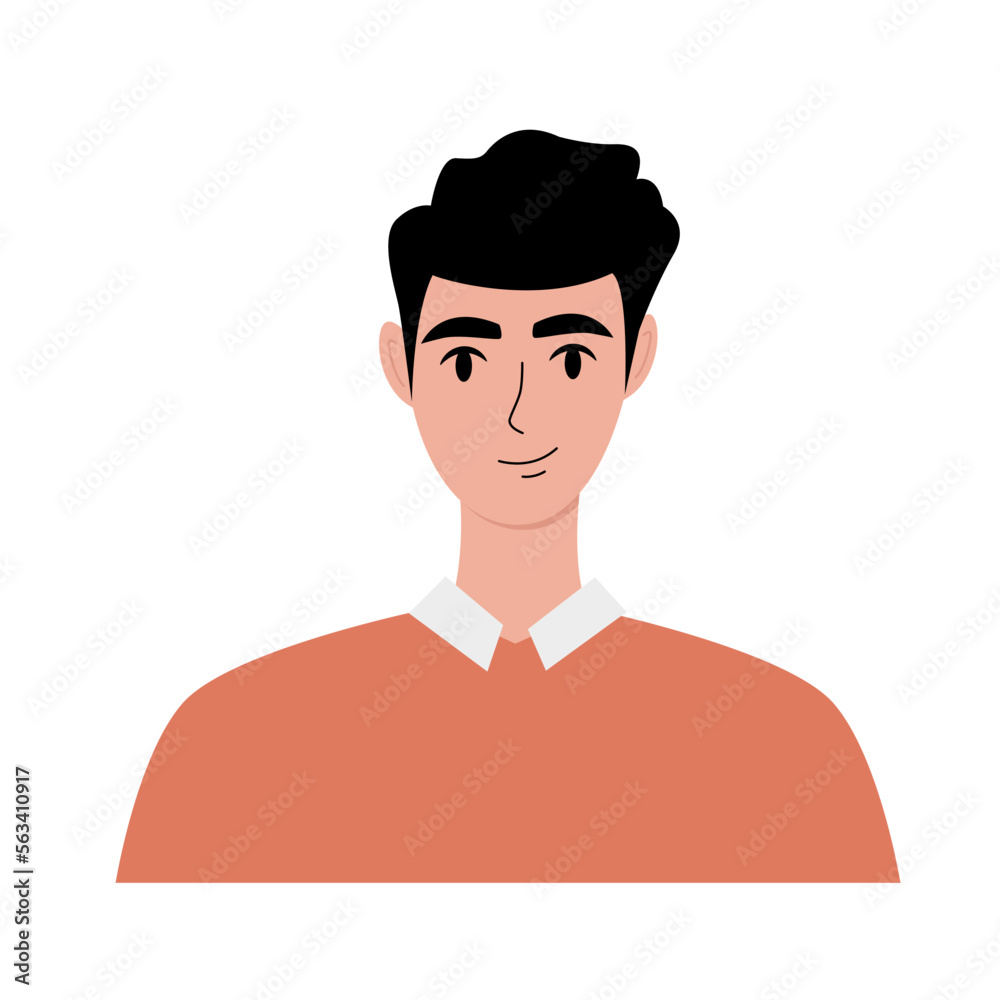 Modern young man portrait flat. Attractive guy with black hair in an orange sweatshirt. Face, head character portrait. Hand drawn vector illustration isolated on white background. Modern young man portrait flat. Attractive guy with black hair in an orange sweatshirt. Face, head character portrait. Hand drawn vector illustration isolated on white background.