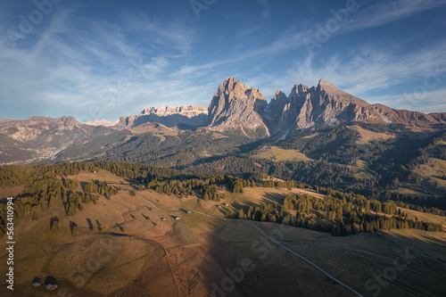 Aerial view of the Autumn landscapes of the meadow in Alpe di Siusi, Dolomites, Italy