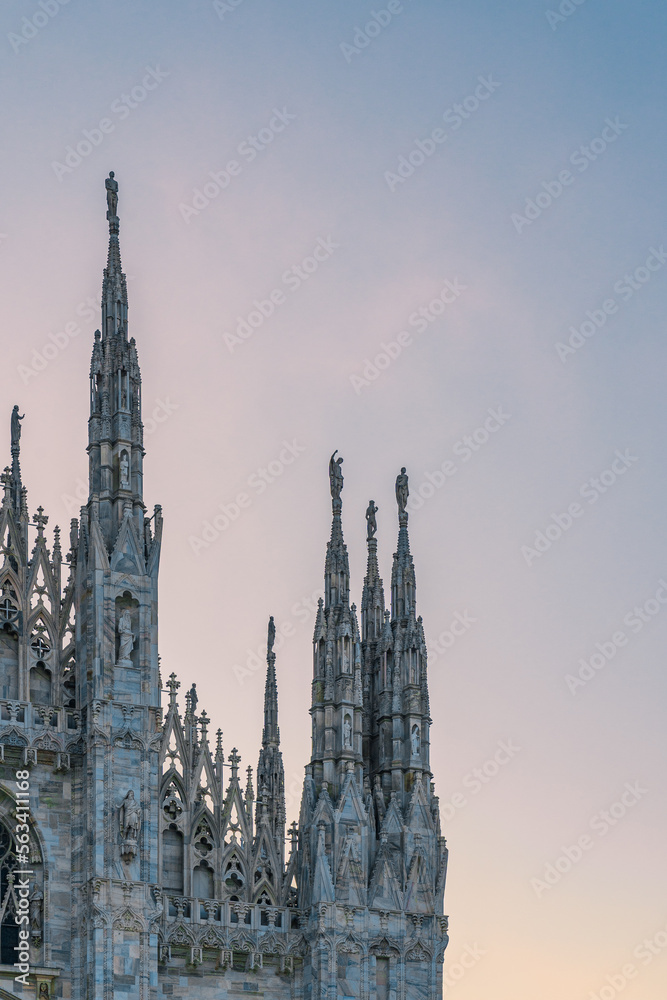 Close up view of the statues and sculptures of Milan Cathedral, Milan, Italy