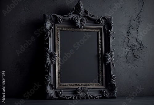 Empty black picture frame on black concrete wall background 3D Illustration © Nina