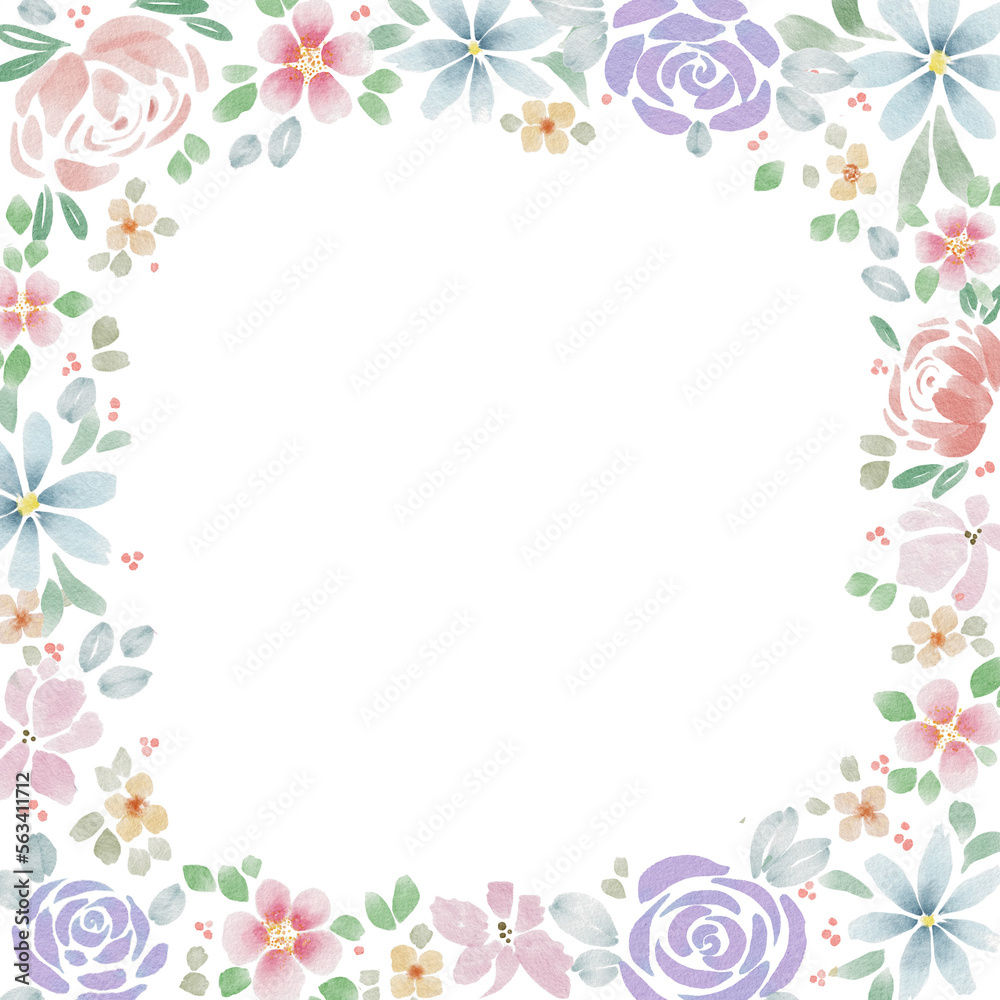 Cute, floral frame with pastel spring flowers on white background. Romantic, vintage frame with watercolor flowers.