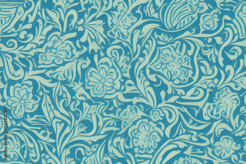 Tillable organic flower-like figures over turquoise flat background seamless wallpaper. Generative AI