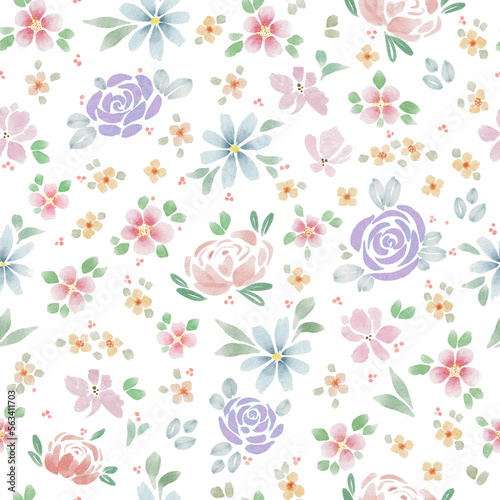 Watercolor  seamless pattern with delicate  wildflowers. Romantic  floral pastel background.