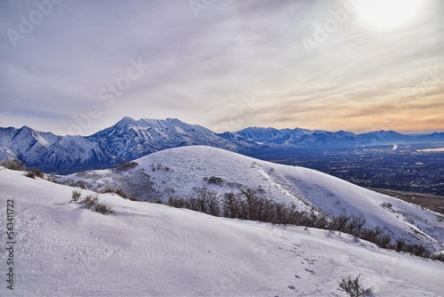 Timpanogos Peak snow covered mountain views from Maack Hill hiking Lone Peak Wilderness Wasatch Rocky Mountains, Utah. United States. 