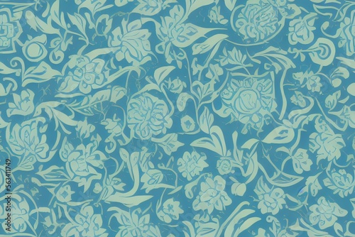 Tillable blue color tones organic flower-like figures over turquoise flat background seamless wallpaper. Generative AI