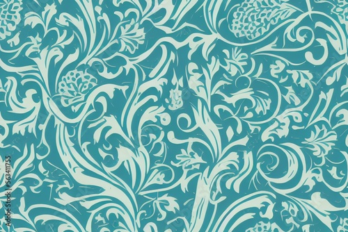 Tillable white organic flower-like figures over turquoise flat background seamless wallpaper. Generative AI