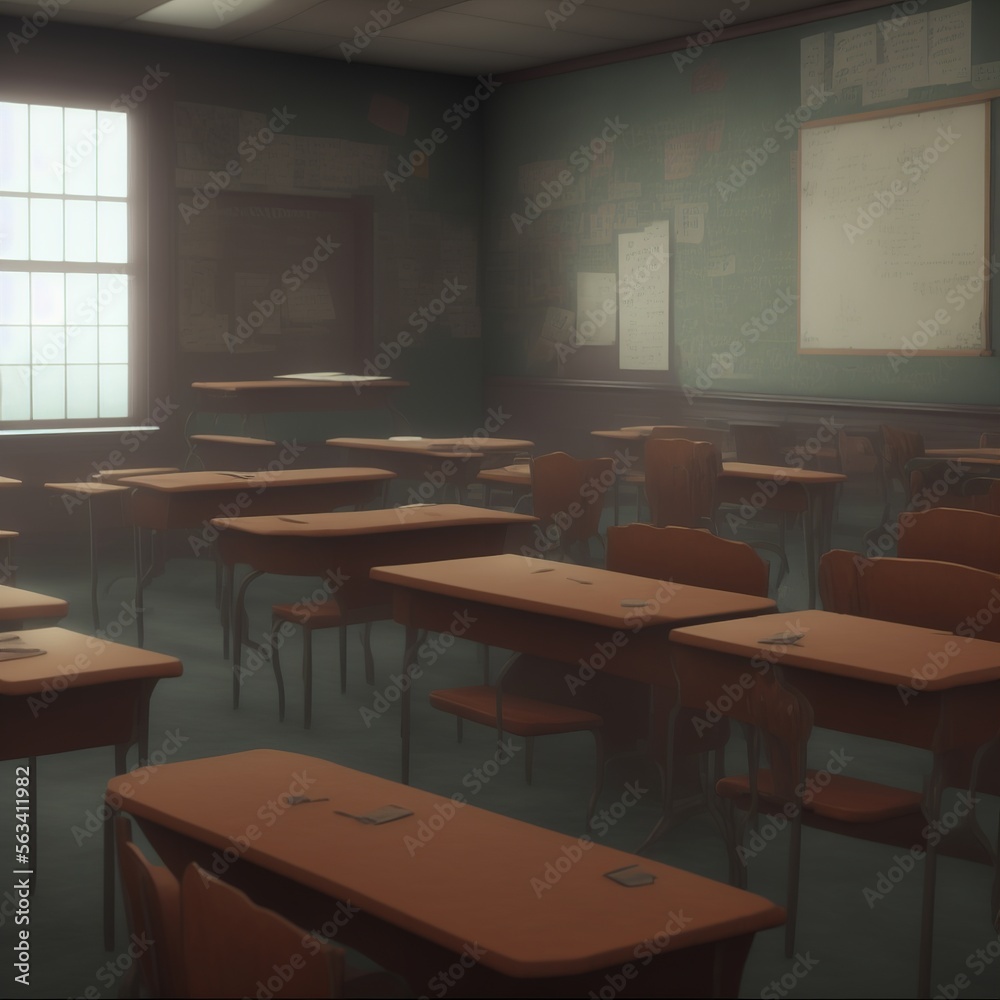illustration of a school classroom, in a cold and shady environment, classroom only