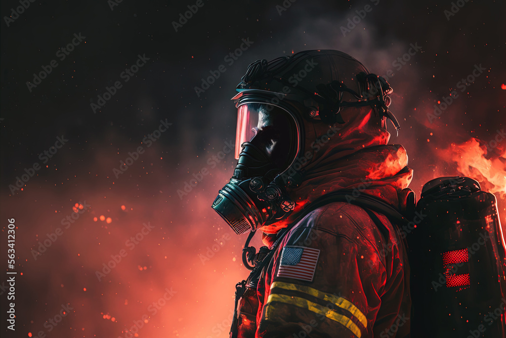 Close up profile of fireman in full gear at night with flames and smoke in the background by generative AI Close up profile of fireman in full gear at night with flames and smoke in the background by generative AI