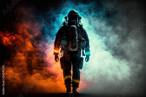 Fireman in full gear at night walking towards flames and smoke by generative AI