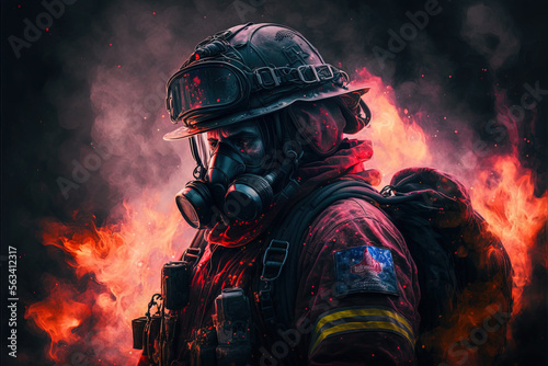 Close up of fireman in full gear at night with flames and smoke in the background by generative AI