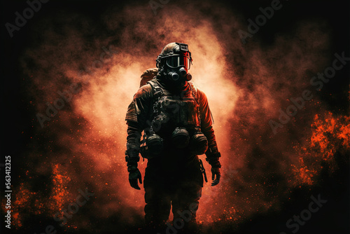 Fireman in full gear at night walking in front of flames and smoke by generative AI