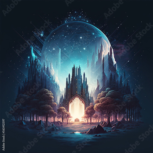 Future space city with magical golden gateway, forest and stars illustration
