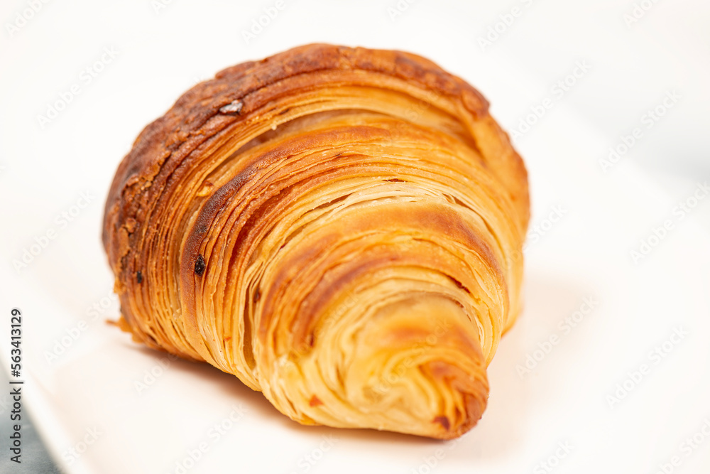 Fototapeta premium Golden crunchy fresh baked croissant using 75 percent butter weight and the method of three single folds.