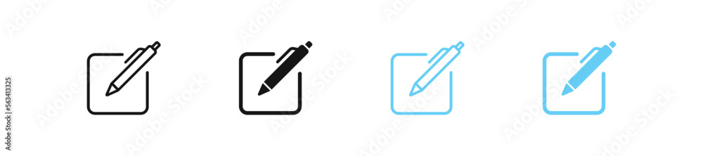 Pen edit icon. Pencil in square symbol. Paper registration signs. List symbols. Button pen icons. Black and blue color. Vector sign. Pen edit icon. Pencil in square symbol. Paper registration signs. List symbols. Button pen icons. Black and blue color. Vector sign.