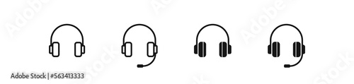 Headphone icon. Listen to the music symbol. Headset signs. Microphone and earphone symbols. Podcast speaker icons. Black color. Vector sign.