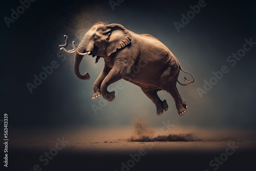 Jumping elephant with copy space, concept of elegance of large animals, created with Generative AI technology © tookitook