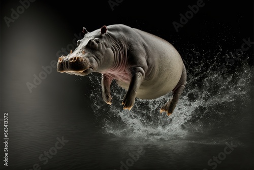 Fotografia, Obraz Jumping hippopotamus copy space, concept of elegance of large animals, created w