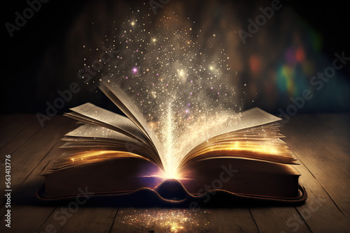 Old leatherbound book of magic lays open on wooden table, with sparkles and golden light emanating from the gilded pages